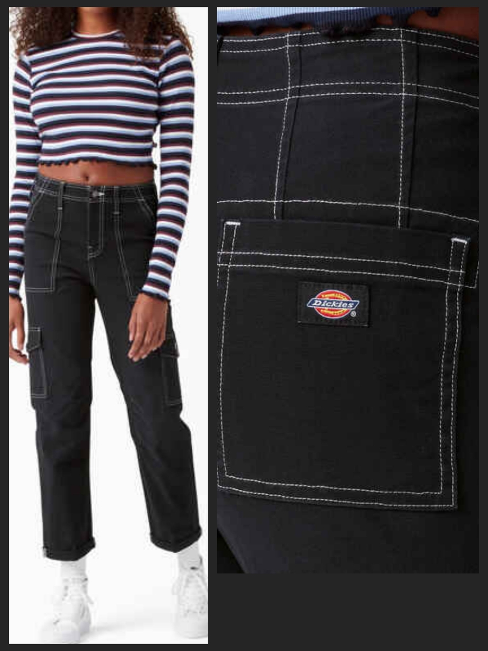 Dickies Black Straight Slim Cargo Utility  Pants with White Contrast Stitching